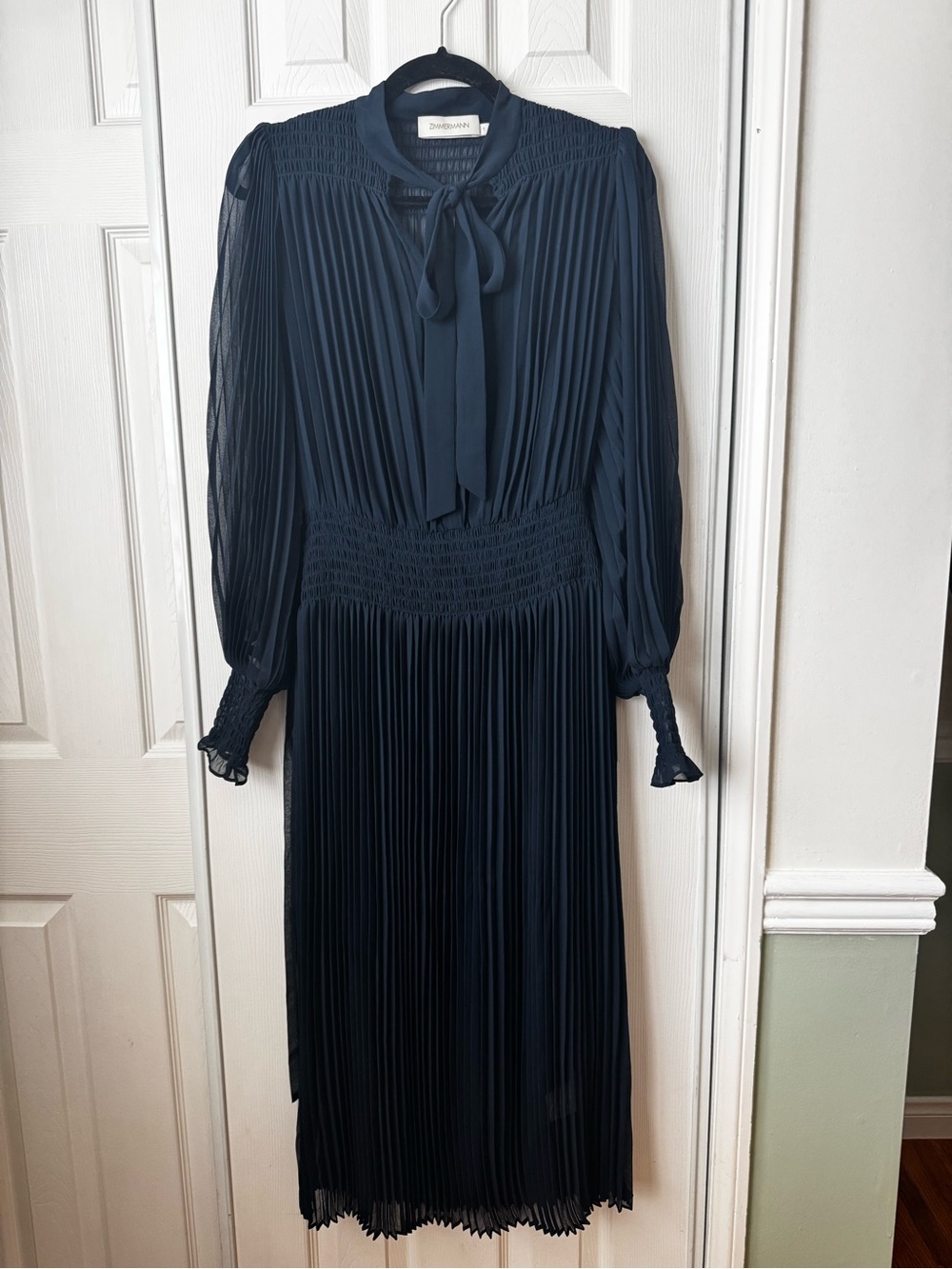 Zimmermann Navy Pleated Long-Sleeve Midi Dress